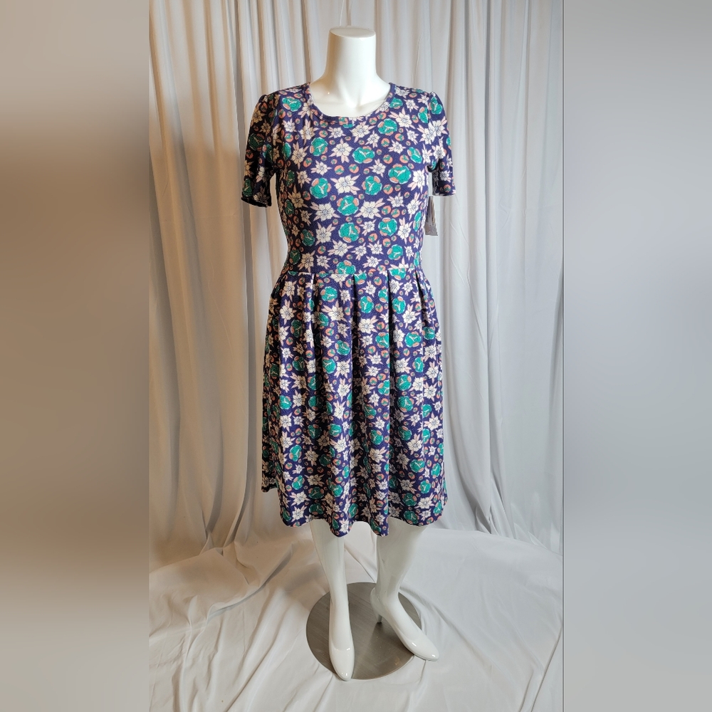 LuLaRoe Amelia Floral Purple Green Cream Coral Stretchy Fit Flare Dress NWT XL